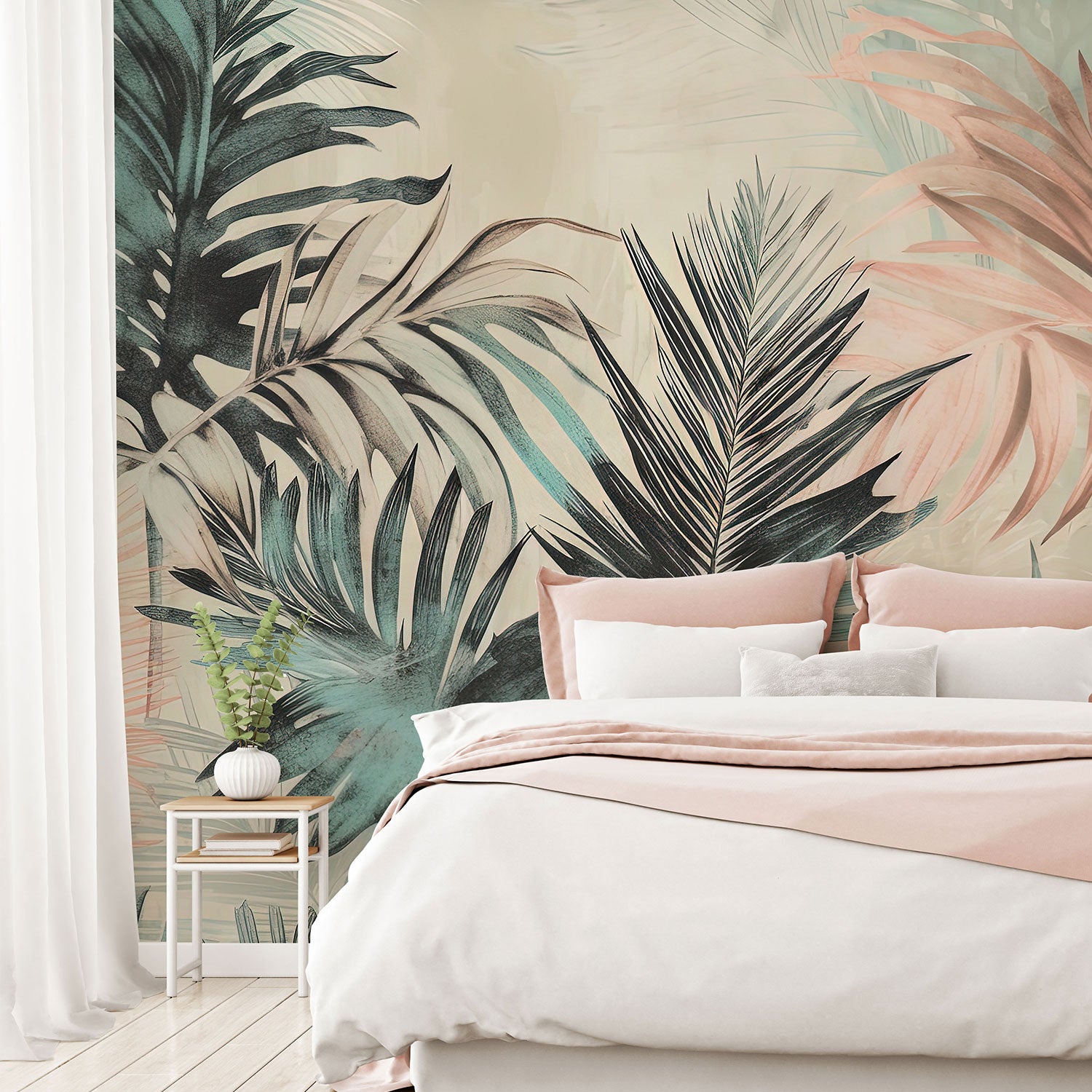 Tropical wallwrap in bedroom with different shades of green and pink