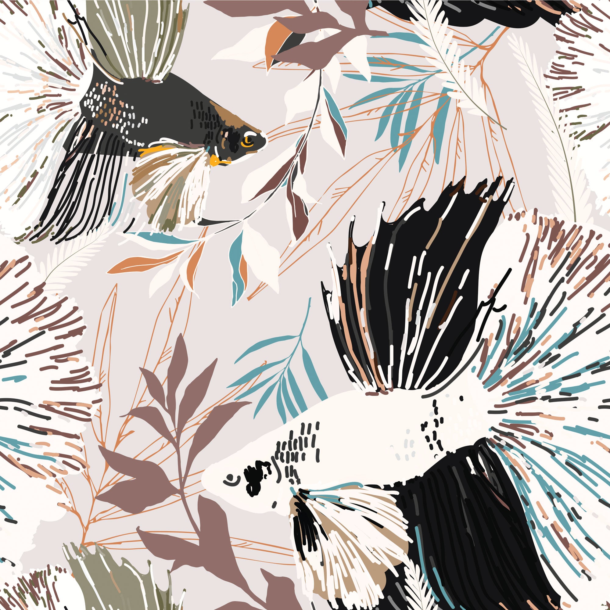 semi-abstract Wallpaper with large koi fish in multiple colours
